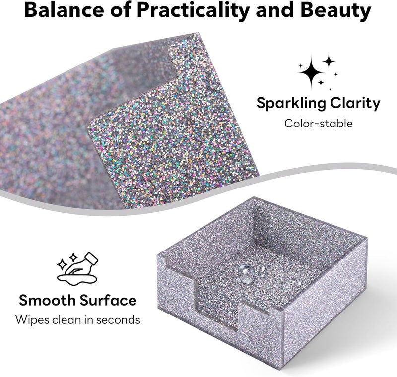 Luminzo Silver Sparkling Sticky Note Holder, Glitter Acrylic Organizer, 3.94 x 3.94 in Multi-Use Tray for Office, School & Home Desk - Image 4
